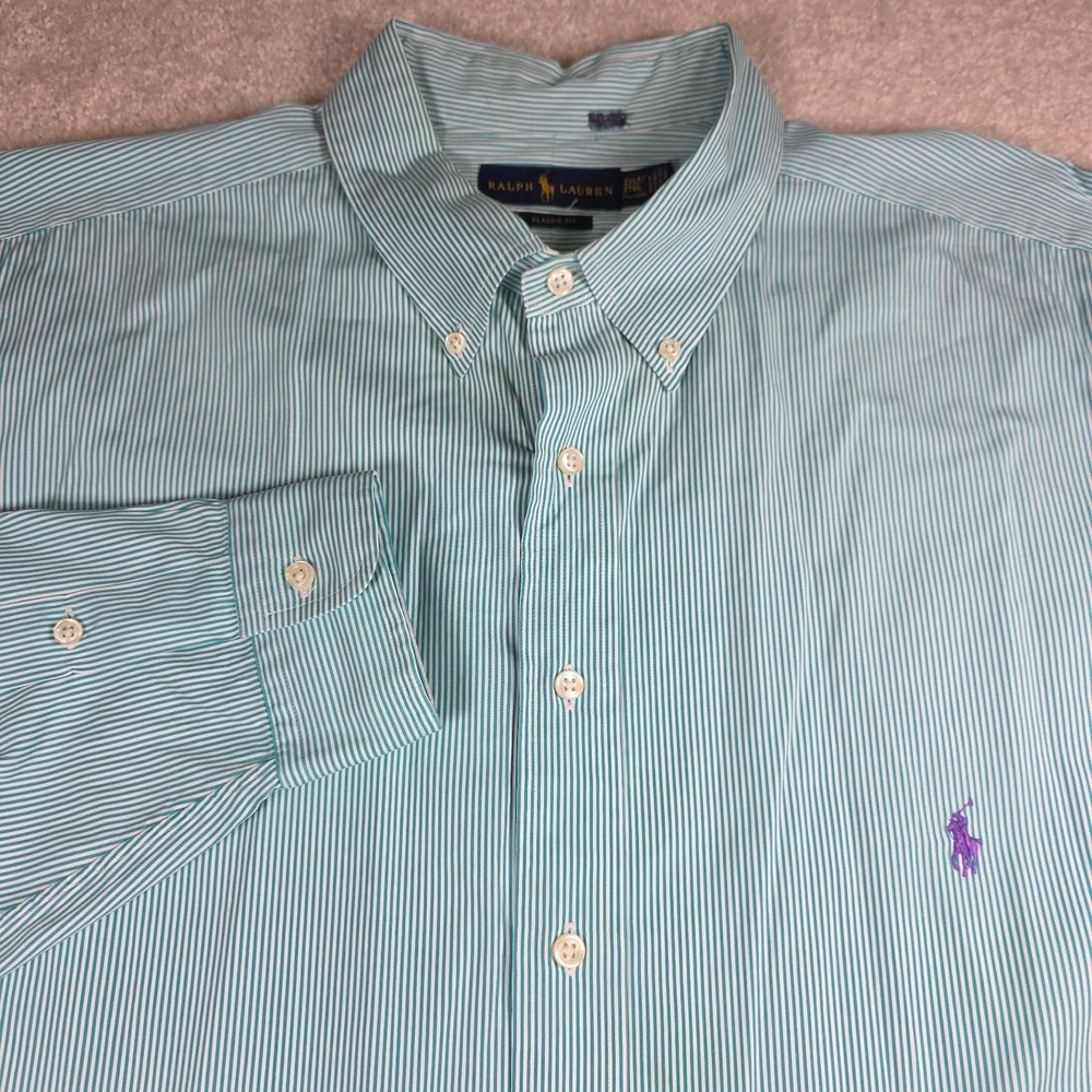 Ralph Lauren Button Down Shirt Mens 2XLT Teal Striped Classic Fit Long Sleeve